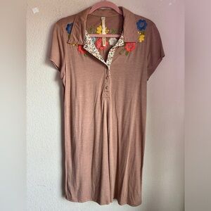 Uncle Frank Brown Multi Color Floral Embroidered Boho Collared T-Shirt Dress L
